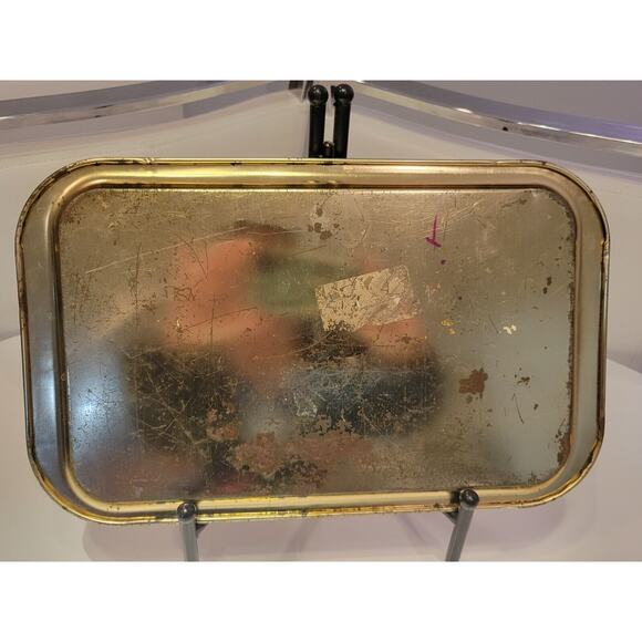 Vintage Tin Metal Vanity Tray Rectangle Cream Red Silver Damask - Picture 2 of 4